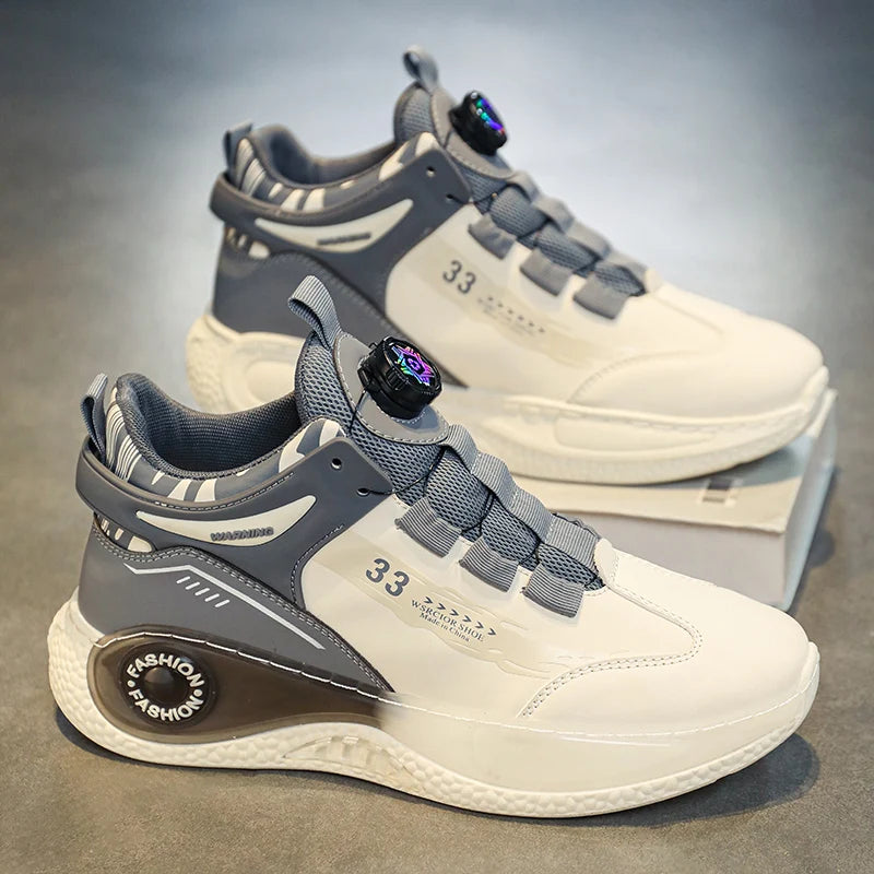VaultHaus comfortable non slip lace up men's sneakers in white and gray with modern sporty design