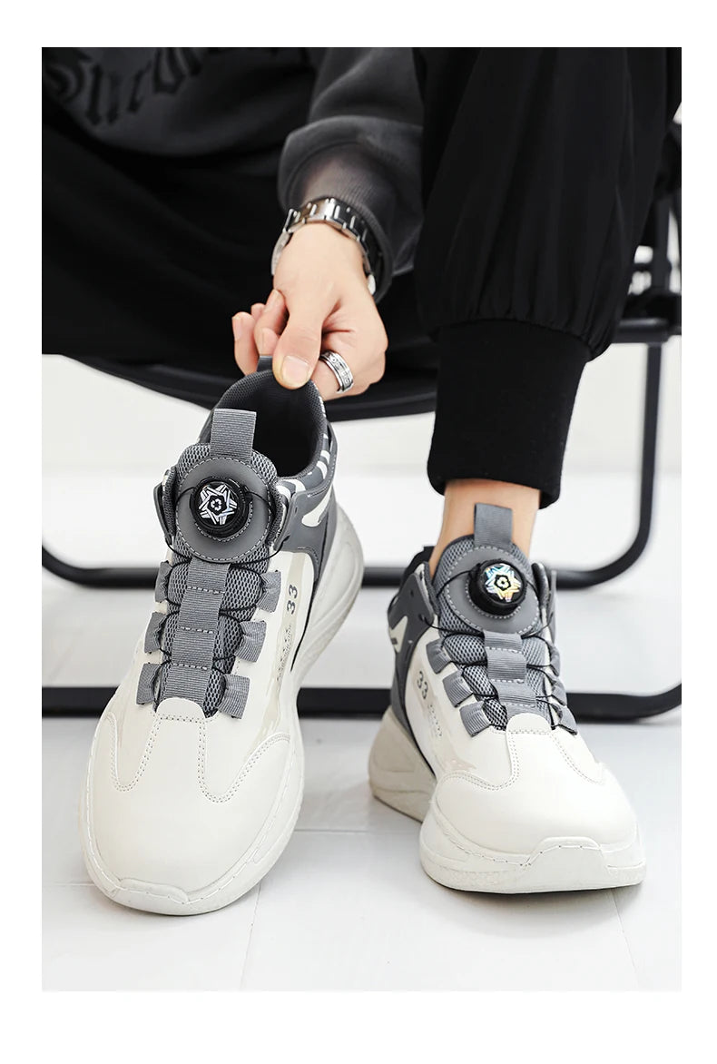 VaultHaus comfortable non slip lace up men's sneakers in white and gray with unique dial lacing system