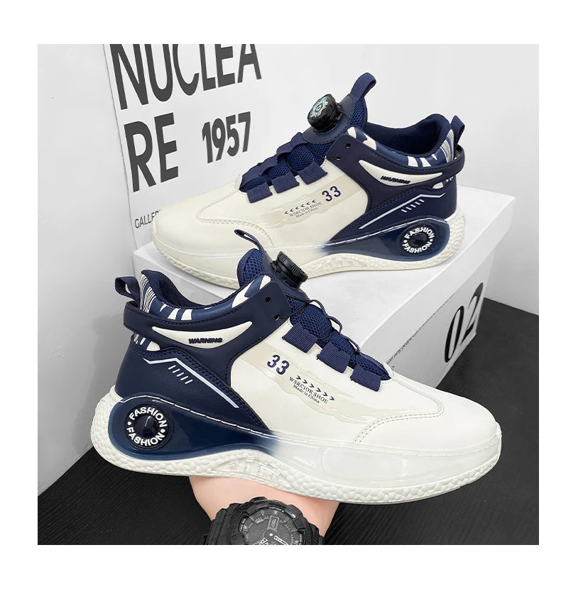 VaultHaus comfortable non slip lace up men's sneakers in white and navy with modern design