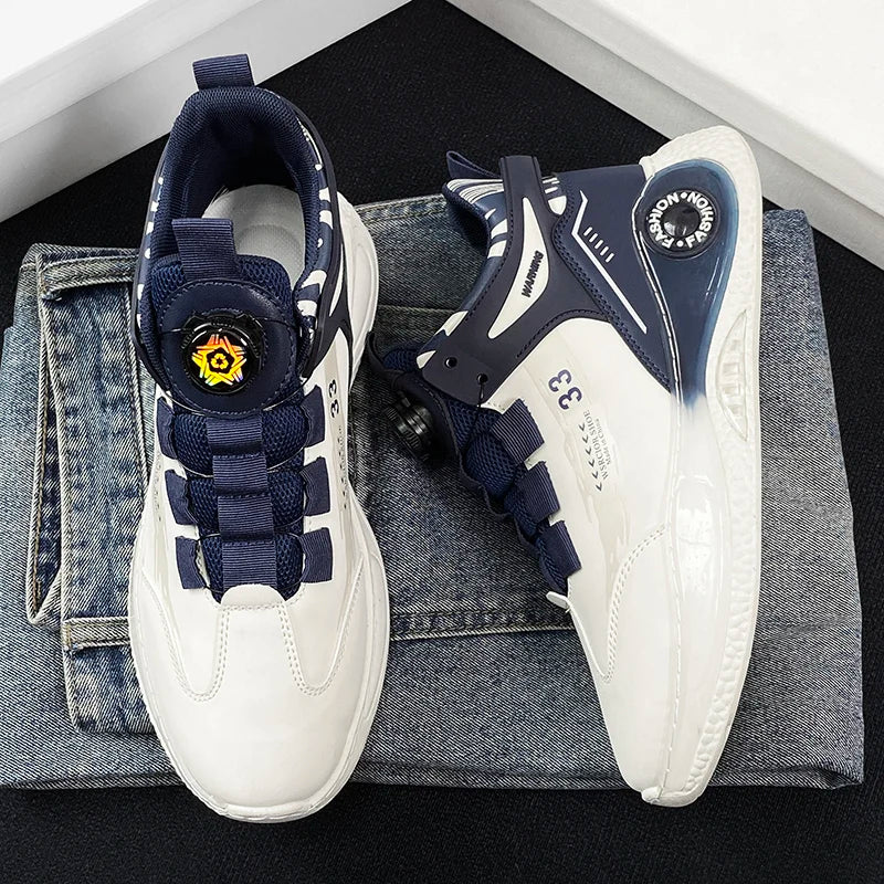 VaultHaus comfortable non slip lace up men's sneakers in white and navy on folded denim jeans