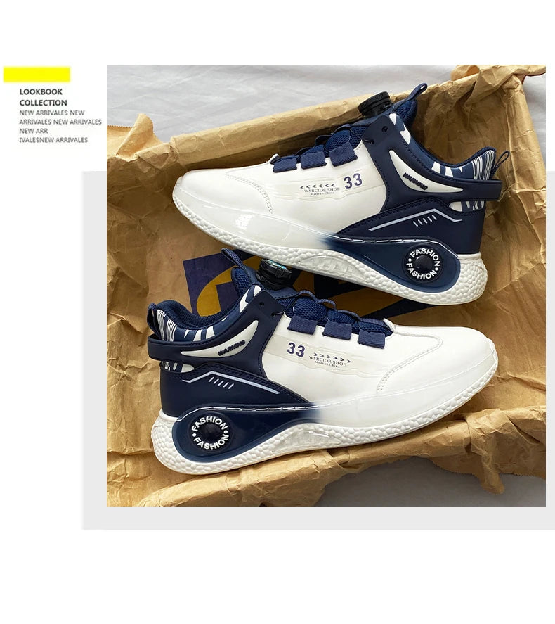 VaultHaus comfortable non slip lace up men's sneakers in white and navy blue with cushioned sole