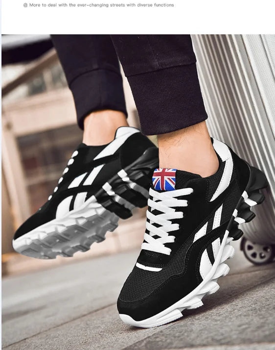 Stylish black VaultHaus comfortable unisex walking sneakers with white accents and a British flag detail