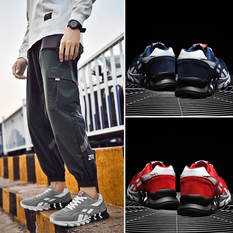 VaultHaus comfortable unisex walking sneakers in grey and red with stylish design and durable soles