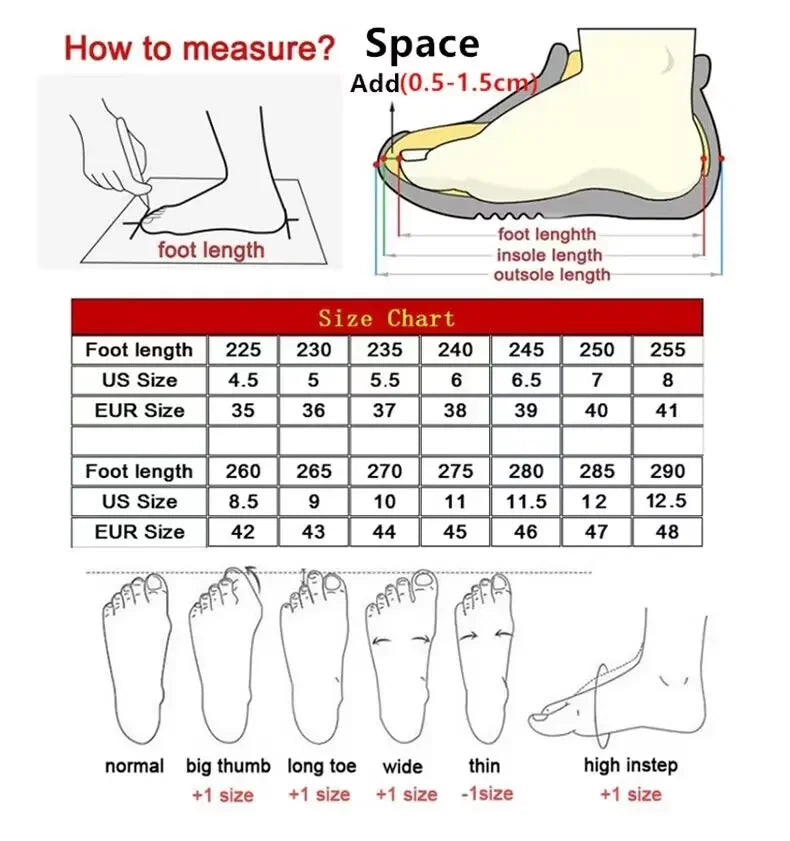 Size chart for comfortable unisex walking sneakers including foot measurements and fitting guide