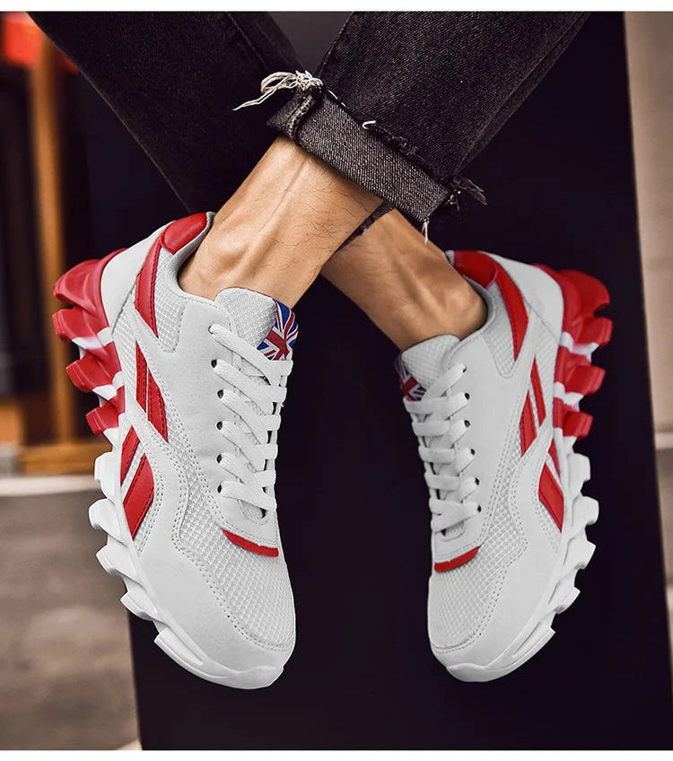 VaultHaus comfortable unisex walking sneakers in white with red accents and stylish design