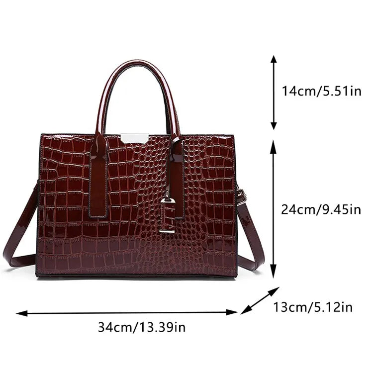 Stylish VaultHaus crocodile print tote bag in dark red with dimensions for everyday use
