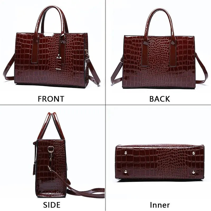 Burgundy crocodile print tote bag with sleek design, showcasing front, back, side, and inner views