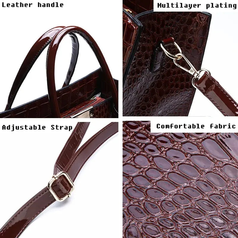 VaultHaus crocodile print tote bag featuring a leather handle and adjustable strap for versatile use