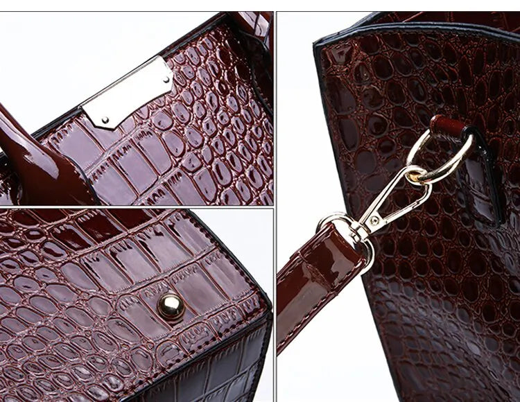 Close-up of a dark brown crocodile print tote bag featuring a shiny finish and metal accents
