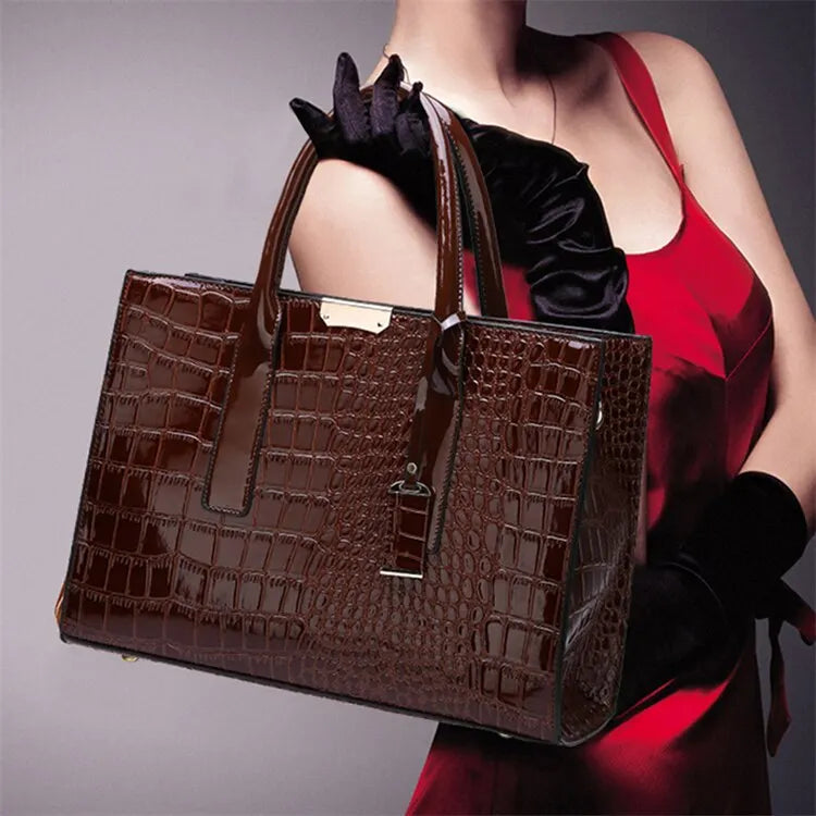 Stylish crocodile print tote bag in rich brown, perfect for fashionable outings and everyday use