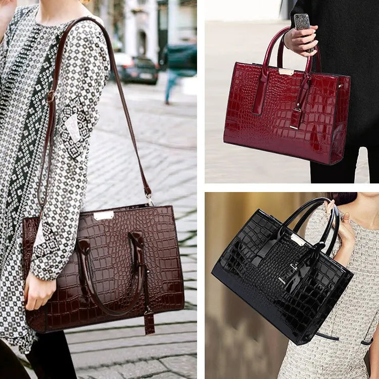 Stylish crocodile print tote bag available in burgundy and black for versatile fashion looks