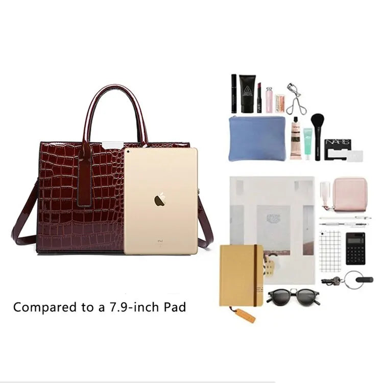 Stylish burgundy crocodile print tote bag with compartments for essentials, compared to a 7.9-inch pad