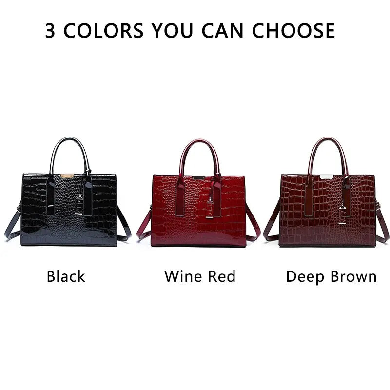 Crocodile print tote bag in black, wine red, and deep brown options for stylish versatility