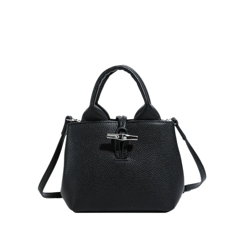 VaultHaus black designer women's leather shoulder bag with textured finish and silver buckle