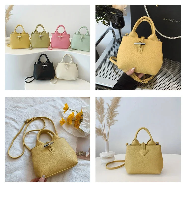 VaultHaus designer women's leather shoulder bag in various colors including yellow, pink, black, and cream