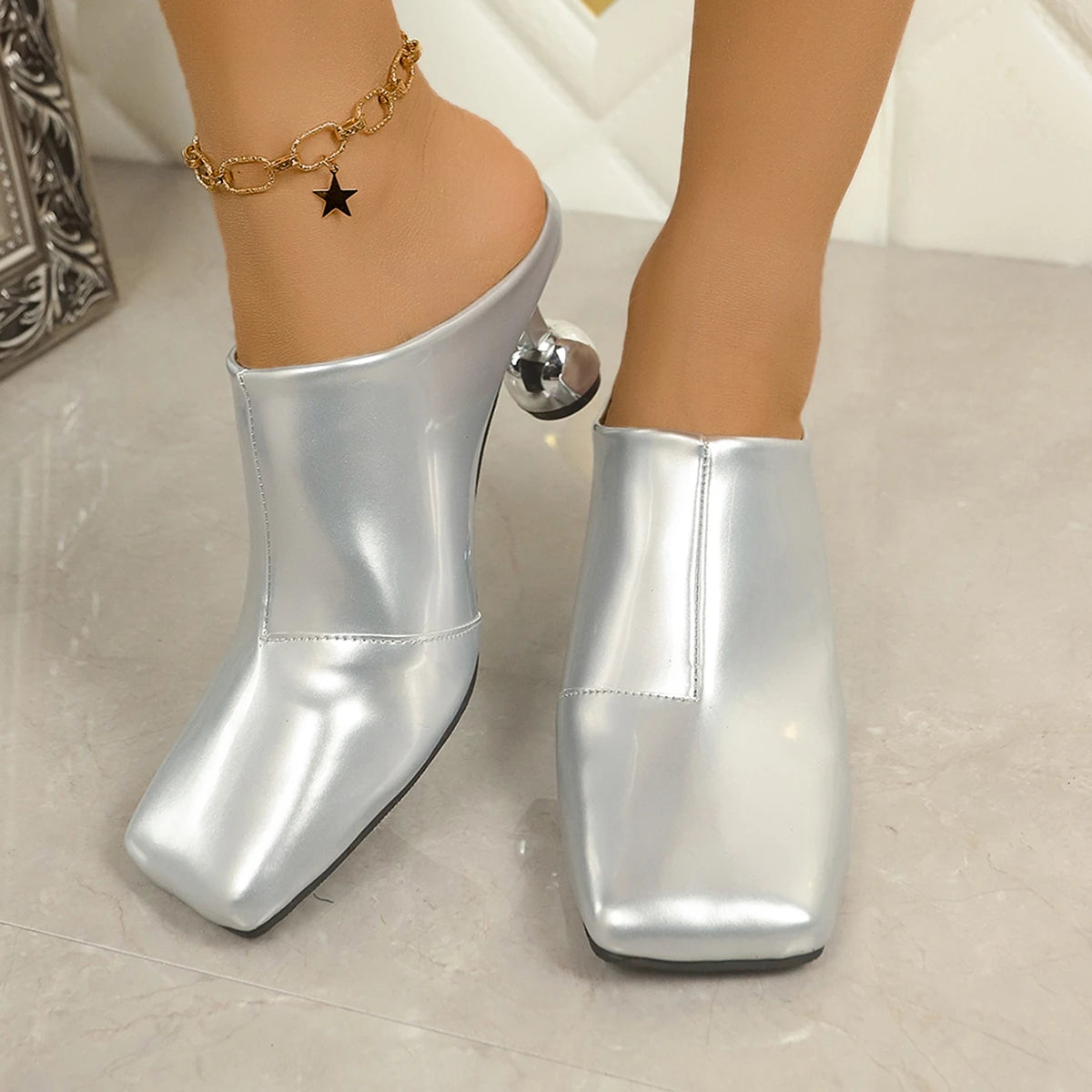 VaultHaus silver designer women's wedge sandals with shiny finish and unique round heels
