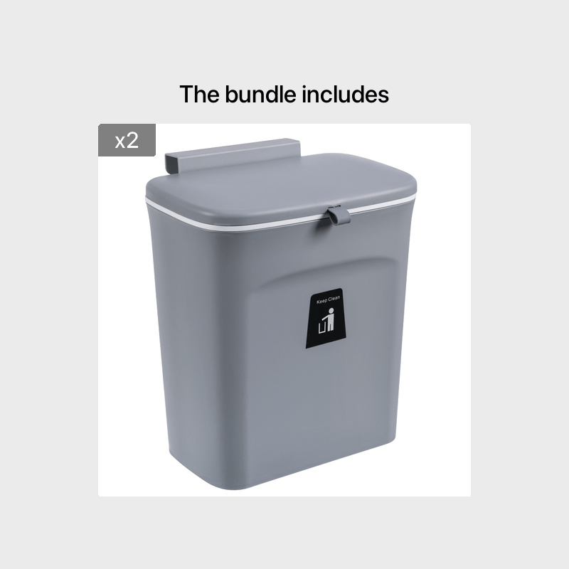 Bundle of two gray Door Hanging Trash Cans with a secure lid for easy waste disposal