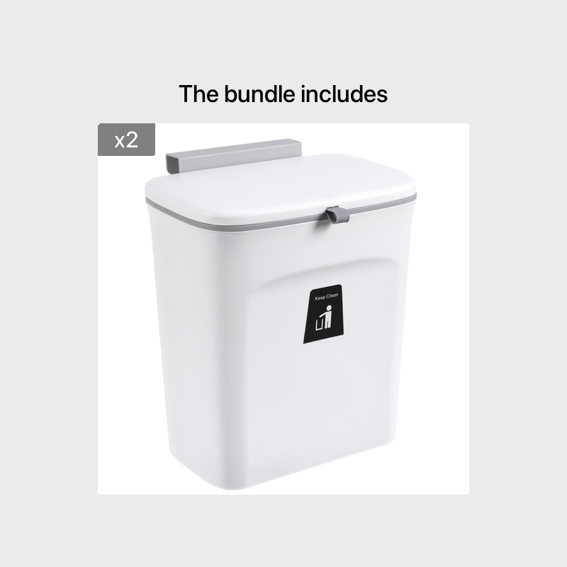 Set of two white VaultHaus Door Hanging Trash Cans with flip-top lids for easy disposal