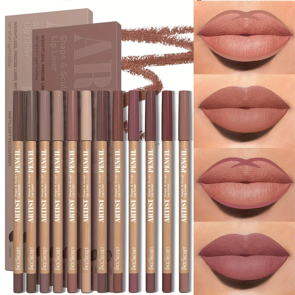 VaultHaus 12 piece long lip liner set with various nude and brown shades and lip swatches