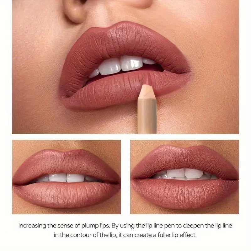 12 piece long lip liner set by VaultHaus showing close-up lips with natural matte nude shades enhancing lip contours