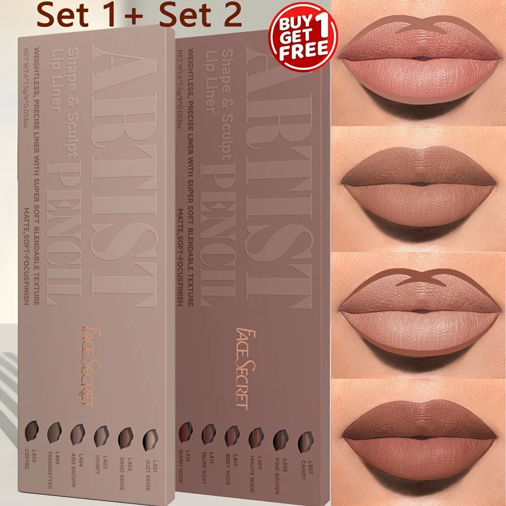 VaultHaus 12 piece long lip liner set with nude and brown shades displayed on lips and packaging with buy one get one free offer
