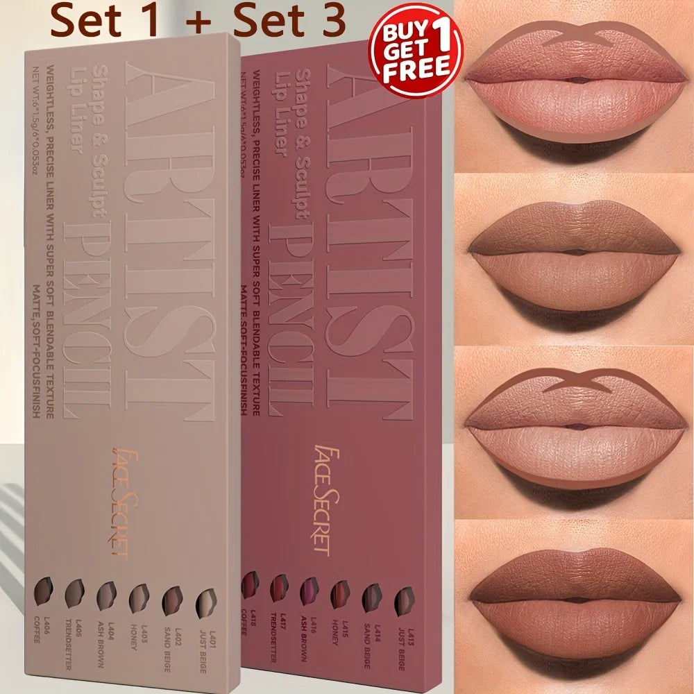 VaultHaus 12 piece long lip liner set with neutral and mauve shades shown on lips for precise shaping and sculpting