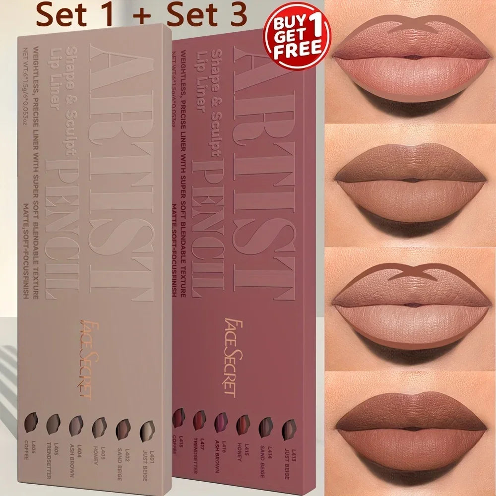 VaultHaus 12 piece long lip liner set with multiple nude shades shown on lips and packaging