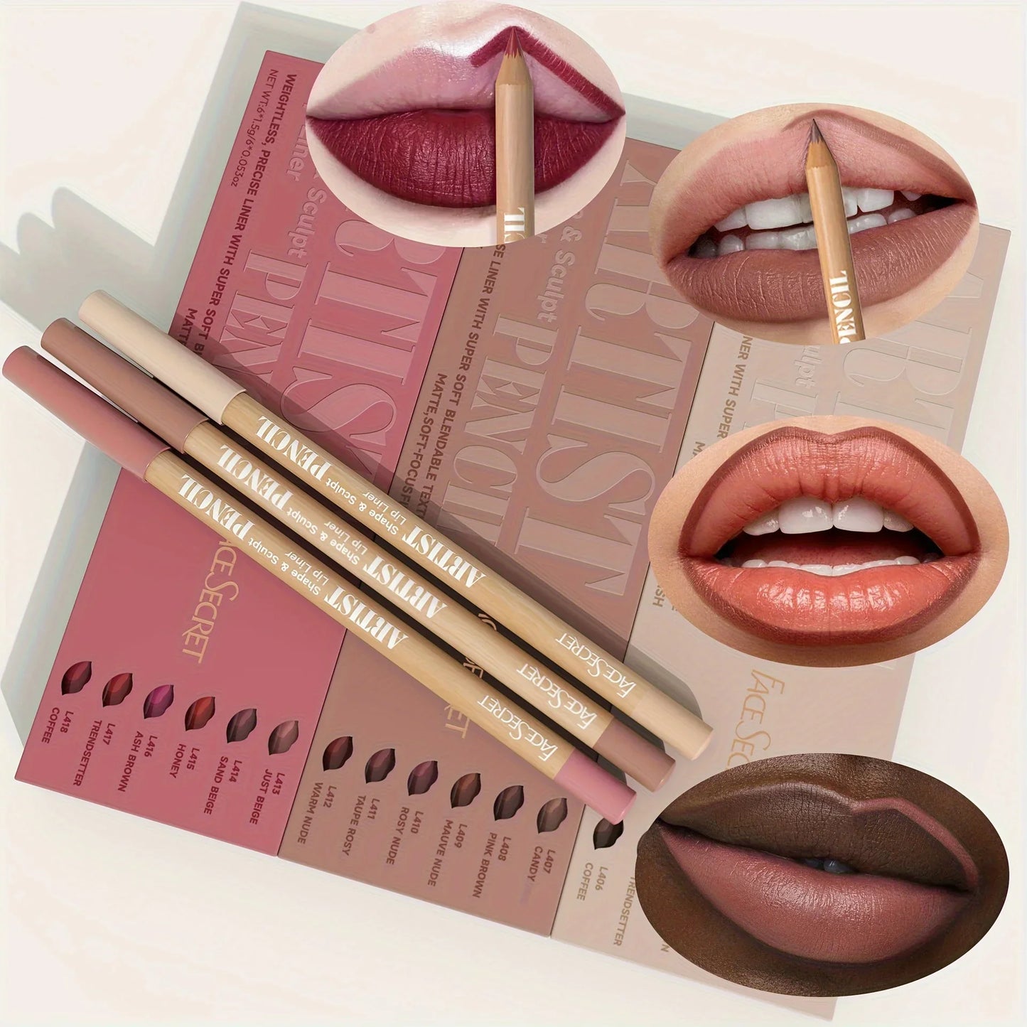 VaultHaus 12 piece long lip liner set showcasing various shades applied on lips for precise lip contouring