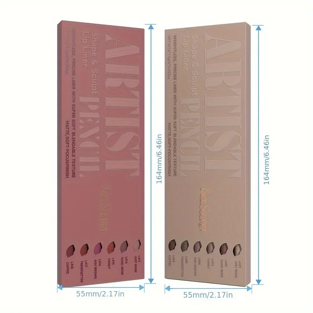 VaultHaus 12 piece long lip liner set in two color packaging with shade examples and size dimensions