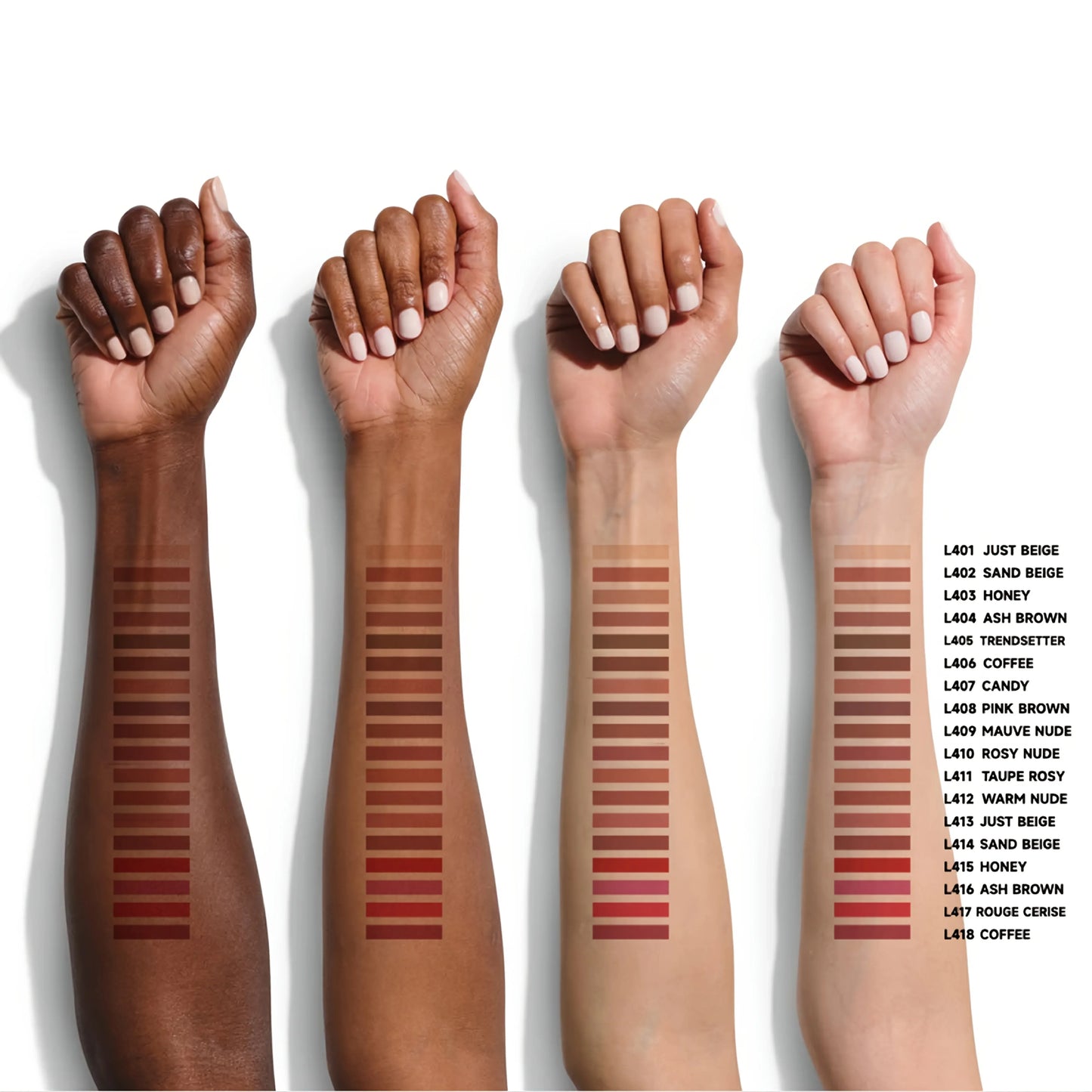 VaultHaus 12 piece long lip liner set swatches on diverse skin tones showing various shades from beige to cerise