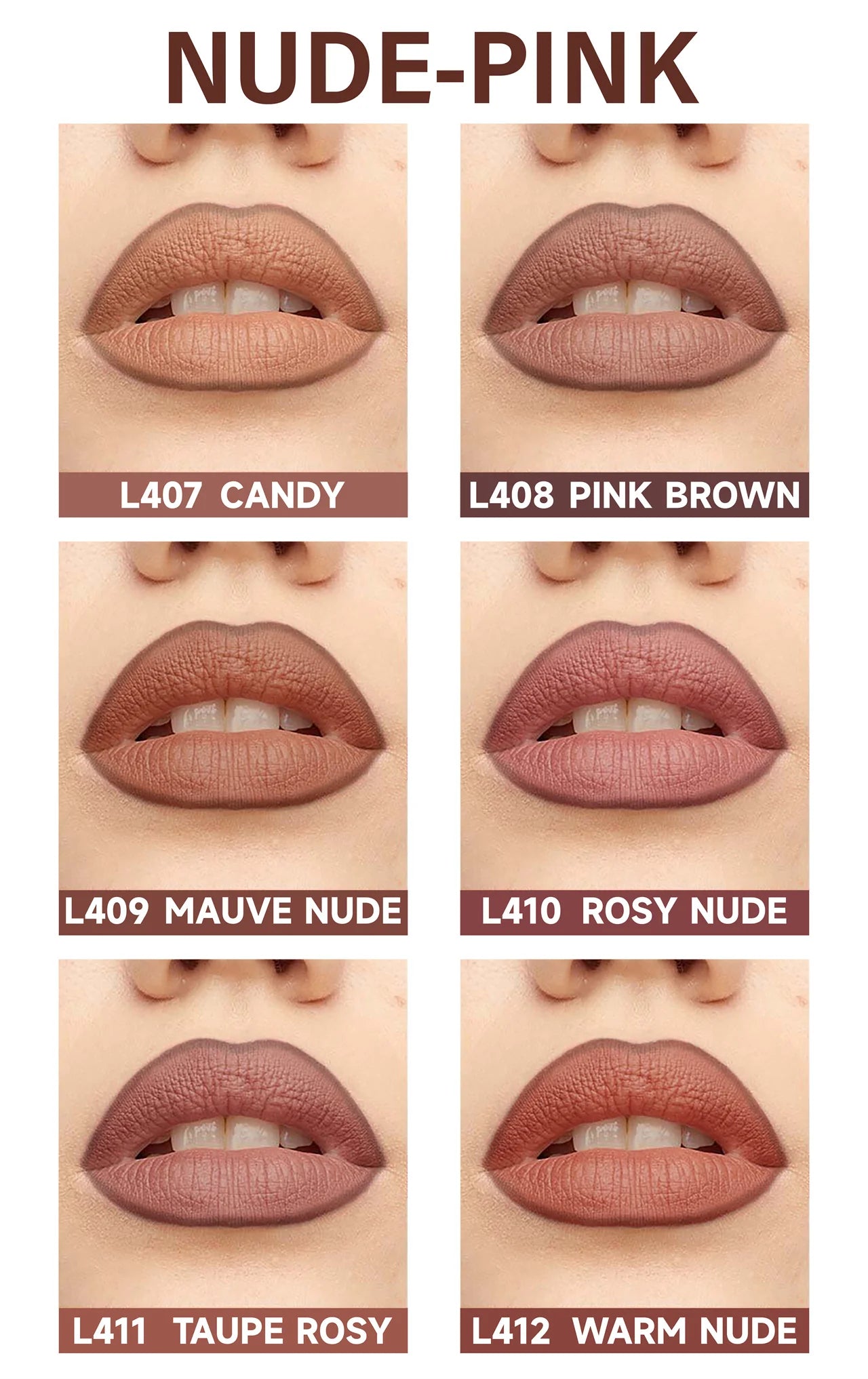 VaultHaus blendable lip liner kit showcasing six nude-pink shades on lips for versatile lip styling