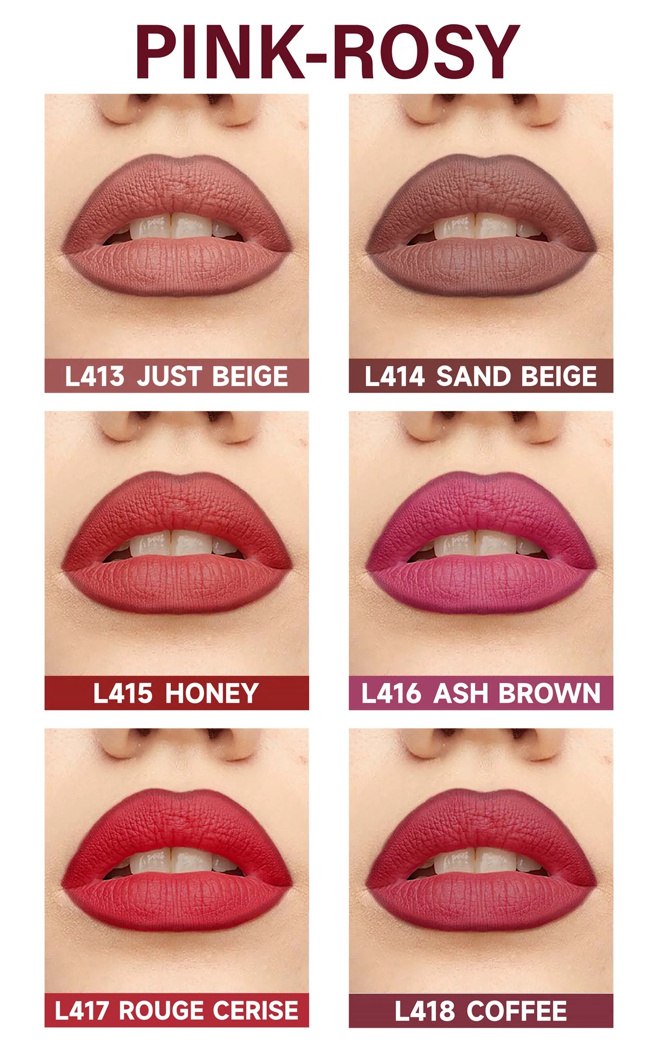 Pink-rosy blendable lip liner kit showcasing six shades: Just Beige, Honey, Rouge Cerise, and more