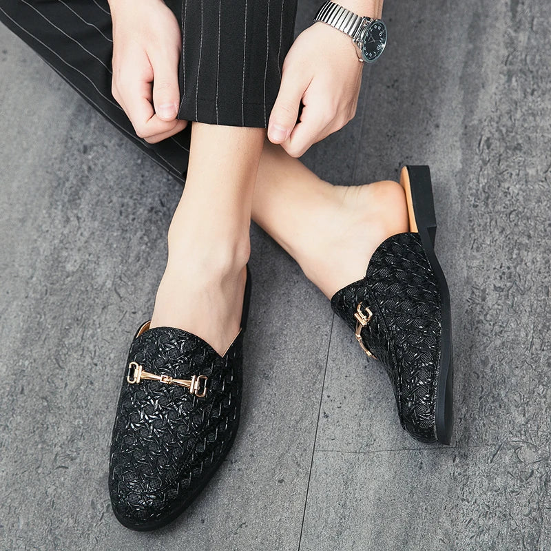 VaultHaus black woven leather fashion mules for men with gold buckle detail and low heel