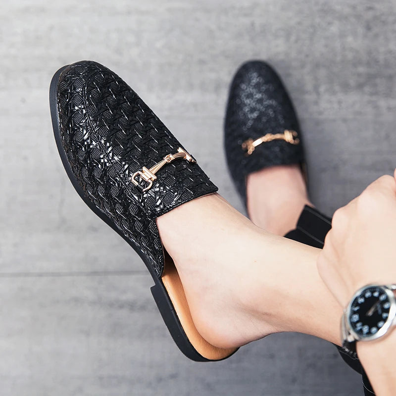 VaultHaus black woven leather fashion mules for men with gold buckle detail on feet