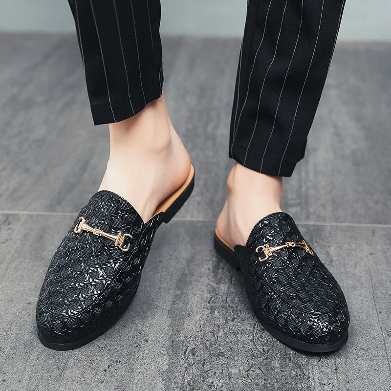 VaultHaus black fashion mules for men with textured upper and gold buckle detail