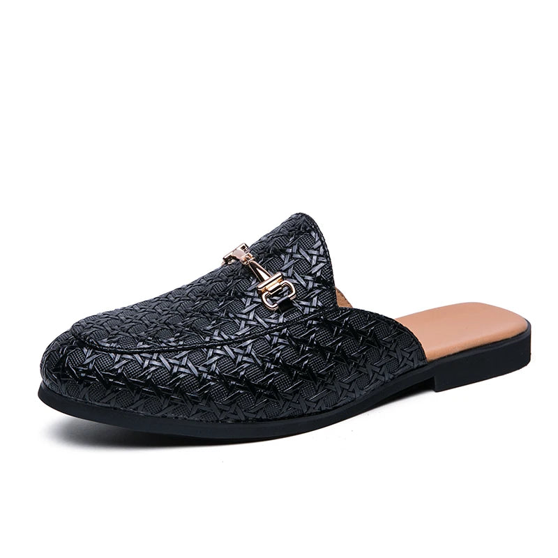 VaultHaus black woven leather fashion mules for men with gold buckle detail and tan insole