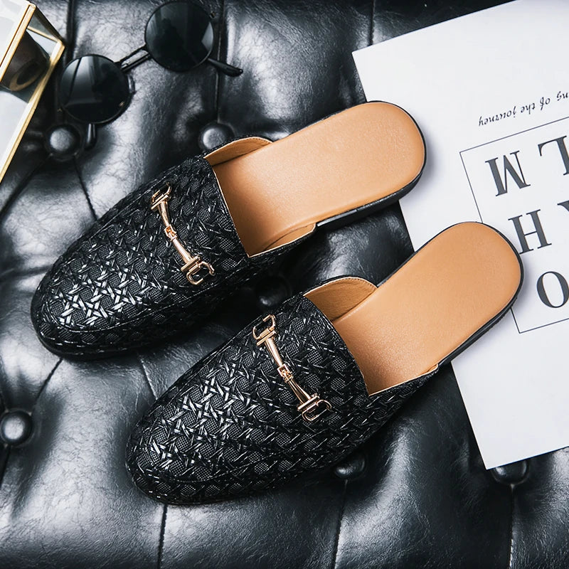 VaultHaus black woven leather fashion mules for men with gold buckle detail on tufted leather surface