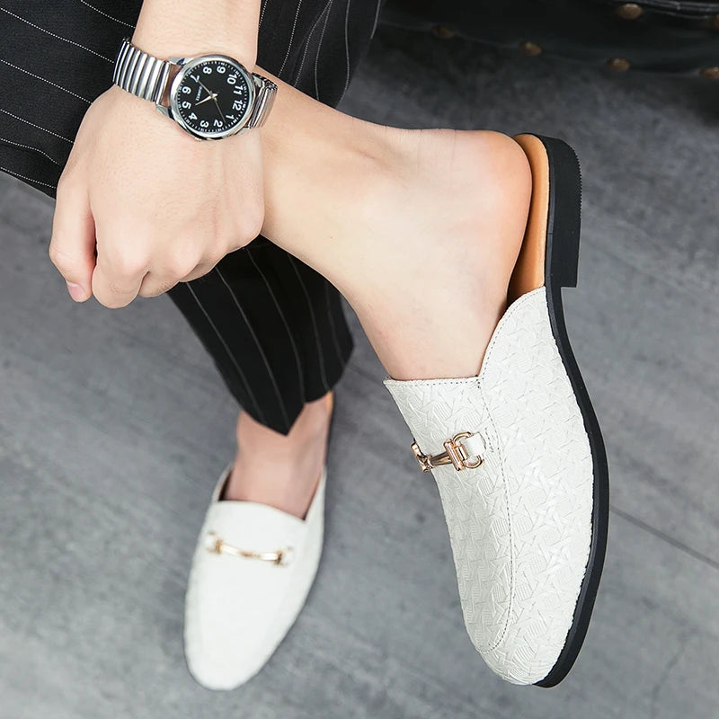 VaultHaus white textured fashion mules for men with gold buckle detail and black sole