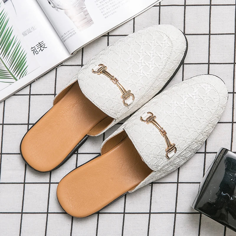 VaultHaus white woven leather fashion mules for men with gold buckle detail and tan insole