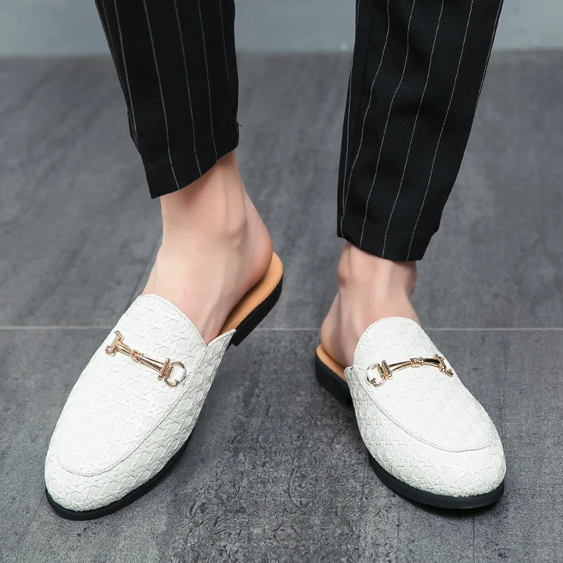 VaultHaus white fashion mules for men with gold buckle detail and textured design