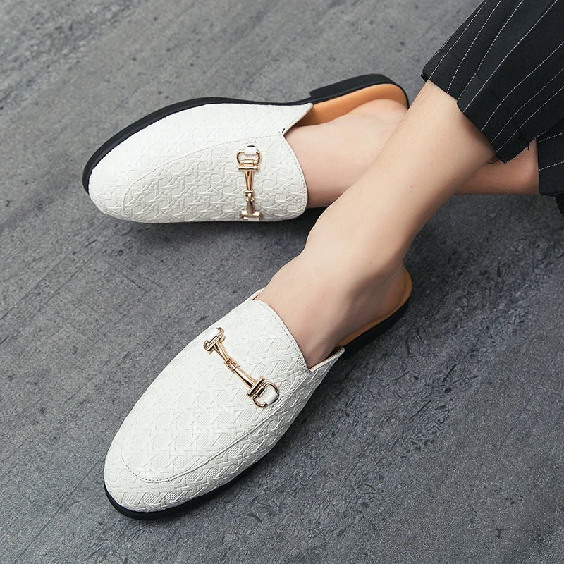 VaultHaus white fashion mules for men with textured design and gold buckle detail