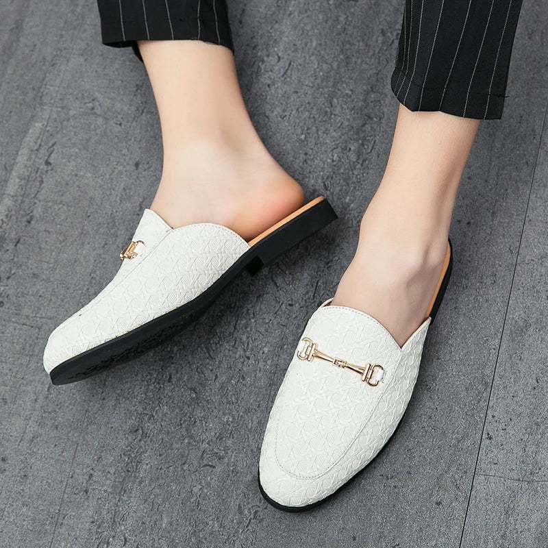white fashion mules for men with textured pattern and gold buckle detail