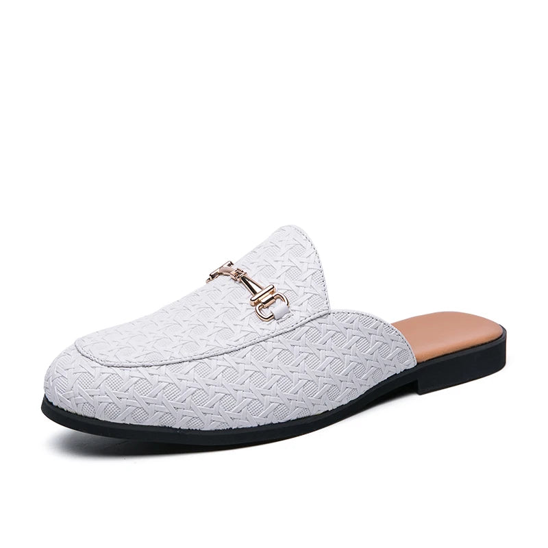 VaultHaus white fashion mules for men with textured pattern and gold buckle detail.