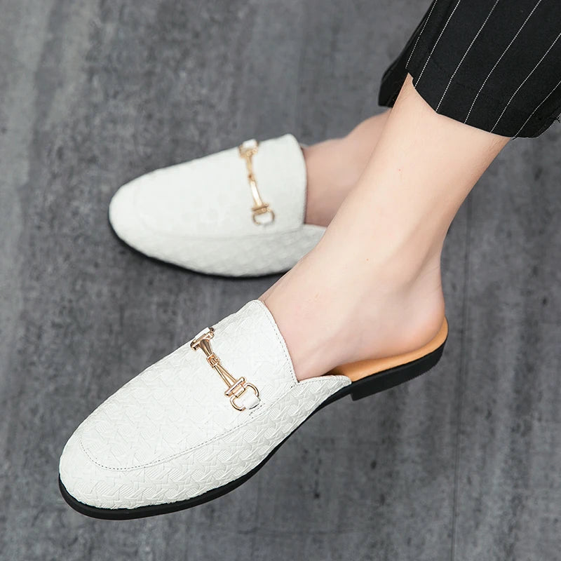 VaultHaus white fashion mules for men with gold buckle detail and textured pattern