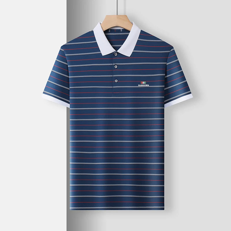 VaultHaus Navy Striped Business Casual Short Sleeve Polo with Contrast Collar