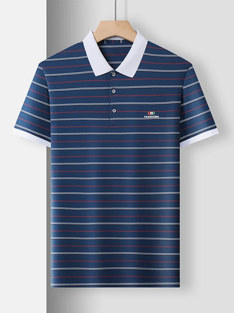 VaultHaus business casual short sleeve polo in navy with striped design and white collar