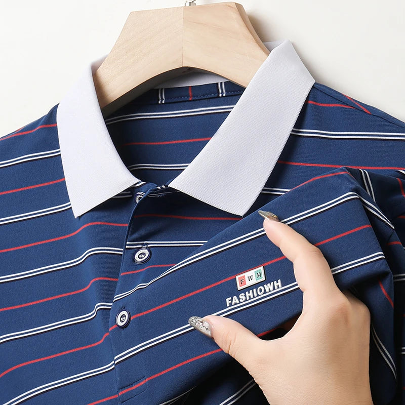 VaultHaus business casual short sleeve polo in navy with stylish striped design and refined collar