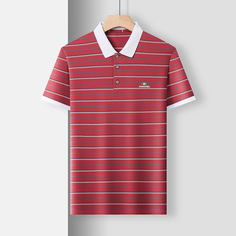 VaultHaus Red Striped Business Casual Short Sleeve Polo with White Collar for Stylish Look