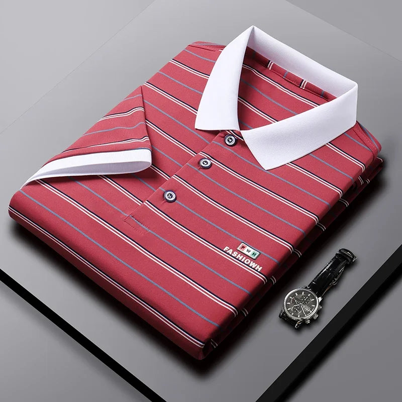 VaultHaus Red Striped Business Casual Short Sleeve Polo with Classic Collar and Button Placket
