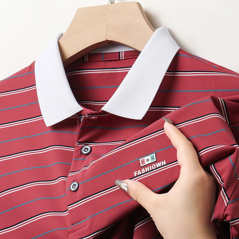 Red striped business casual short sleeve polo with white collar by VaultHaus